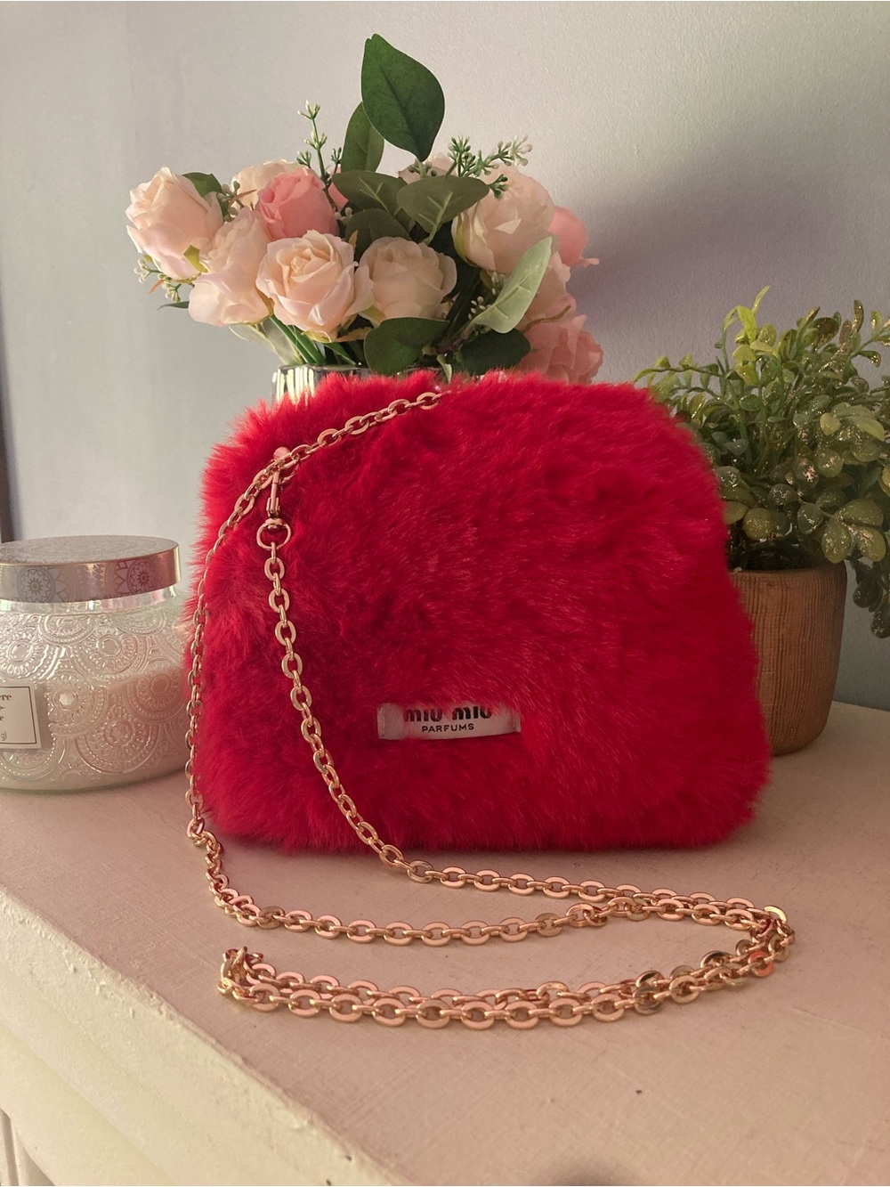 Miu Miu Red Faux Fur Crossbody with Gold Chain